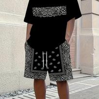 Men's Blue Bandana Print 2-Piece Set: Paisley T-Shirt & Shorts. Summer Streetwear Casual Breathable Suit for Vacation/Daily. S juoda