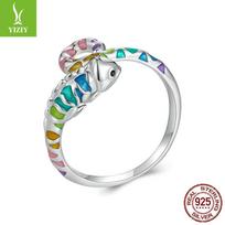 Spalvingas chameleon atviras žiedas vyrams ir moterims, personalizuotas mados stiliaus S925 sterlinginio sidabro žiedas Adjustable opening (8 US size)
