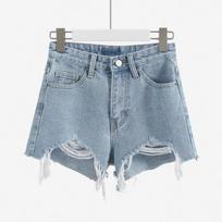 Summer Ripped Irregular Raw Edge Wide Leg Shorts Versatile Casual High Waist Jeans for Women S mėlyna