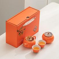 Persimmon Tea Set Ceramic Teapot with Cups Luck Shape Gift Box for Chinese Wedding New Year Home Decoration