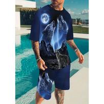 Men's Casual Wolf print T-Shirt & Shorts Set Summer Breathable Two-Piece Outfit for Beach, Vacation & Outdoor Leisure S
