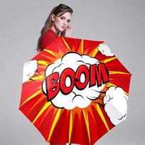Portable Folding Umbrella | Bold Comic-Style  Boom  Text, Vibrant Red and Yellow Explosion Lines and Cloud Illustrations, 8 Ri