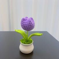 Mini Tulips Crochet Flower Potted DIY Woolen Handmade Knitted Flowers with White Pot Handcrafted Bonsai Living Room Ornaments violetinė