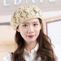 Women's Spring and Summer Hollow Knitted Beret Summer Crochet Pumpkin Hat Straw Hat Sweet Straw Cap one size smėlis