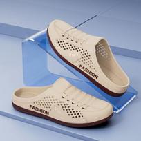Fashion 2025 Men's shoes summer breathable hole mesh shoes slip-on lazy people heelless half-slippers fashionable versatile casual shoes 40-41 chaki