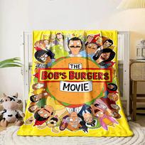 Collage of cartoon characters surrounding a burger on a yellow background. for all seasons blanket lunch break throw gift 80cm x 120cm