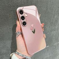 Pink tulip patterned tempered glass phone case for Samsung Galaxy S26 S25 S24 S23 S22 S21 S20 fe/plus/Ultra anti drop back cover Galaxy S24 rožinė