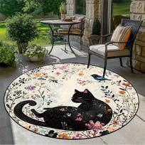 Vintage Art Cat Floral Print Round Area Rug Elegant Botanical Cat Lover Floor Decor Carpet Soft Non-Slip Mat for Living Room 80cm x 80cm