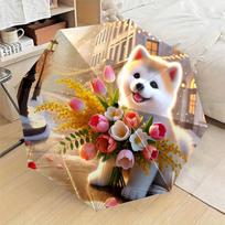Shiba Inu Holding Tulips & Daisies Folding Umbrella - Automatic Open Compact Travel Umbrella with 8-Rib Durable Frame, Stylish