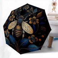 Golden Bee and Floral Mandala Wall Art Decor Umbrella, Portable 3-Fold Compact Umbrella for Men and Women, Valentine's Day Mo