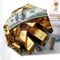 An Automatic Umbrella That Opens And Closes, Featuring Golden Bars And US Dollar Bills in a Shiny, Luxurious Design That Symbo