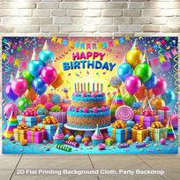 2D Vibrant Birthday Party Backdrop, 2D Cake and Balloon Decor 47.2x31.5inch/120*80cm