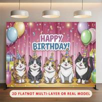 2D Cartoon Kitten Birthday Backdrop Pink Curtain Balloon Party Background 47.2x31.5inch/120*80cm