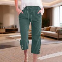 Women’s Cropped Linen Blend Drawstring Pants with Elastic Waistband and Button Detail for Casual Daily Wear L armijos žalia spalva