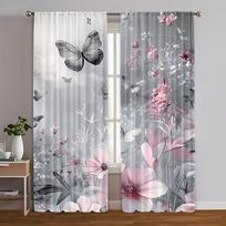 35X90In*2Pcs, 2Pcs Art Deco Style Blackout Curta, Grey Sky & Pink Floral Design, Semi-Sheer Polyester, Rod Pocket, Machine Wa 53x116cm 2pc&Without mount