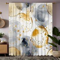 2Pcs Abstract Golden & Gray Waterdrop Print Curta - Semi-Transparent Flannel, Rod Pocket Design, Lightweight 180-220Gsm For L 53x116cm 2pc&Without mount