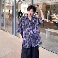 Men's Tie Dye Floral Print Short Sleeve Shirt Casual Streetwear Top M violetinė