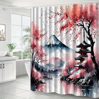 1pc Fuji cherry blossom pattern shower curtain, polyester fabric, machine washable, with hooks, suitable for bathroom decoration 90X180cm