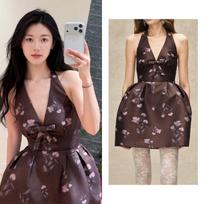 Chic French Style Backless Halter Floral Slim Bud Dress for Women L (115-125 jin)