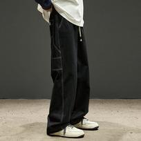 Men's White Contrast Stitch Wide Leg Baggy Jeans - Oversized Drawstring Streetwear Denim Trousers M juoda