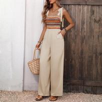 Summer New Style Ethnic-themed One-piece Long Pants with Drawstring and Strap Design. S abrikosas