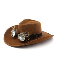 Punk Sueded Western Cowboy Cap With Goggles Steampunk Fedoras Hat For Festival Event Cosplay Costume Props Headpiece chaki