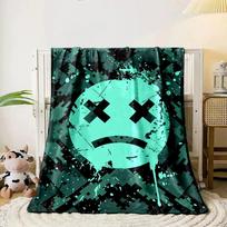 Pixelated geometric background with a teal sad face and paint splatters. for all seasons blanket lunch break throw gift 80cm x 120cm