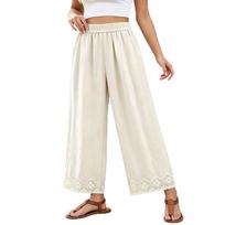 Women High Waist Loose Fit Cotton Linen Pants with Elastic Waistband and Pockets Casual Wide Leg Trousers Embroidered Hem L smėlis