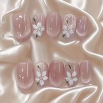 Nude Pink Three-Dimensional Floral Oval Short Press-On Nails S