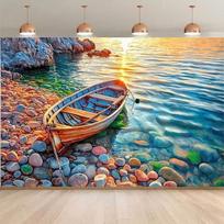 2D Summer Beach Backdrop, Ocean Rowboat Scenic Party & Live Background 47.2x31.5inch/120*80cm