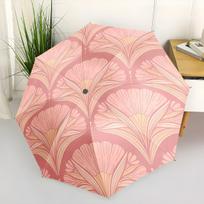 's Pink & Golden Art Deco Open/Close Folding Umbrella - 8-Rib Compact Travel Umbrella with Maroon-Pink-Golden Leaf Pattern, Se