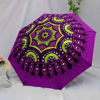 Automatic Folding Umbrella with Purple Mandala Design & Green/Yellow Accents - 8-Rib Collapsible Portable Umbrella, Durable Pl