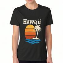 Hawaii Sunset Palm Tree Womens Cotton T Shirt, Premium Cotton Quality Print, Durable, Casual Fashion, Beach Vacation Style Tee, Island Vibes Top, Summ S įvairiaspalvis