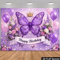 2D Purple Butterfly Birthday Backdrop Floral Crown Girl Party Photo Booth Banner 47.2x31.5inch/120*80cm