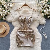 Sexy Sequin Slip One Piece Dress Women Patchwork Chic Vintage Evening Party Dresses Female Korean Fashion Design Slim Ceremonial Dress 2024 S abrikosas