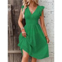 Women's Summer Midi Dress V-Neck Ruffle Sleeve Knee-Length Dress Elegant Eleastic Waist A-Line Dress S žalia