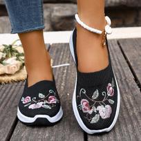 Fashion Soft Sole Knit Sneakers for Women Slip on Flat Mom Shoes Spring/autumn Breathable Comfortable Mesh Flower Embroidered Shoes 36 juoda