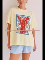 European-American Lobster Print Cotton Casual T-shirt: Comfortably Loose Short Sleeve Summer Top Large abrikosas