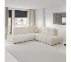 Išskleidžiama apmušta L formos kampinė sofa ALMADA, dešinė, smėlinė, su patogia daiktų dėže