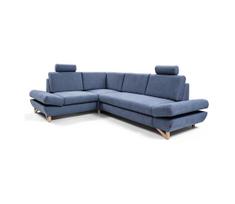 Išskleidžiama L formos kairinė apmušta kampinė sofa AVESTA su patalynės dėže, mėlyna
