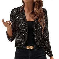Women's Mesh 3/4 Sleeve Open Front Sequin Bolero Glitter Cropped Cardigan Jacket Cocktail Party Shrug Short Coats sea blue XXL New Arrival