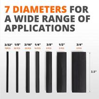 HOT Heat Shrink Tubing Kit 3:1 Ratio Adhesive Lined, Marine Grade Shrink Wrap Industrial Heat-Shrink Tubing - Black 180 PCS NONE