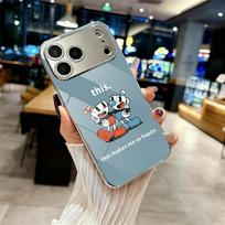 Game C-Cuphead Cute Phone Case For IPhone 17 16 15 14 13 12 Pro Max Plus Electroplated Metal Bumper Case Tempered Glass Back iPhone 14 Pro Max