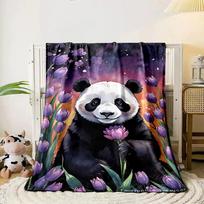 A panda surrounded by purple tulips under a starry, colorful sky. for all seasons blanket lunch break throw gift 80cm x 120cm