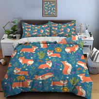 Cute Corgis With Floral Pattern Duvet Cover Set Digital Print Colorful Polyester Bedding With Zipper Closur For Kids Gifts EU Twin 135X200cm&set