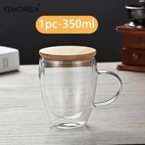 KEMORELA dvigubo stiklo kavos puodelis 350/450 ml su bambuko dangteliu, skaidrus puodelis su rankenėlėmis karštiems gėrimams, pvz., kapučino 301-400ml