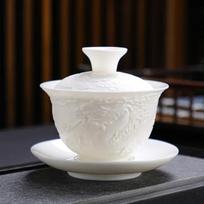 White Porcelain Kung Fu Tea Set White Jade Relief Tureen Ceramic Business Gift Simple Portable Dragon and Phoenix Cups Gaiwan <200ml
