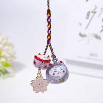 Cute Maneki Neko Key Chain Cherry Blossom Phone Strap Creative Lucky Cat Pendant  Children violetinė