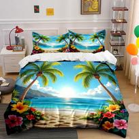 Tropical Beach With Palm Trees And Flowers Print Bedding Set 1 Duvet Cover 2 Pillowcases For Adult And Children Luxury Gift EU Twin 135X200cm&set