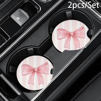 NonSlip Car Cup Mat Pink Bow Print Universal Coasters Set for Cute Vehicle Interior Styling